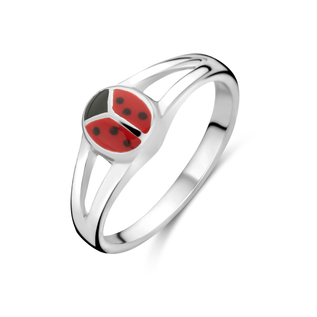 ring lieveheersbeestje emaille zilver wit