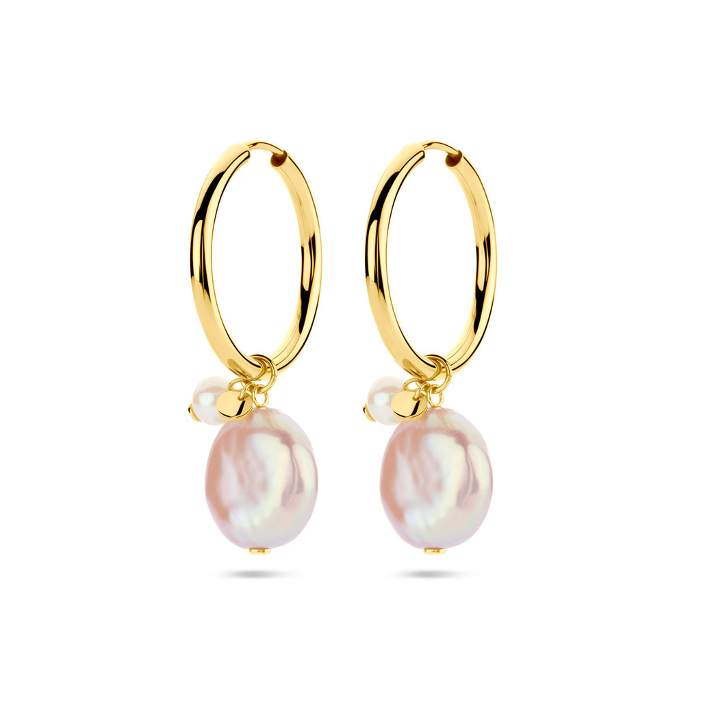 klapoorringen keshi en parel 36 mm 14K geelgoud