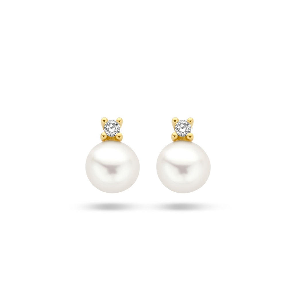 oorknoppen parel en diamant 0.02ct (2x 0.01ct) h p1 14K geelgoud
