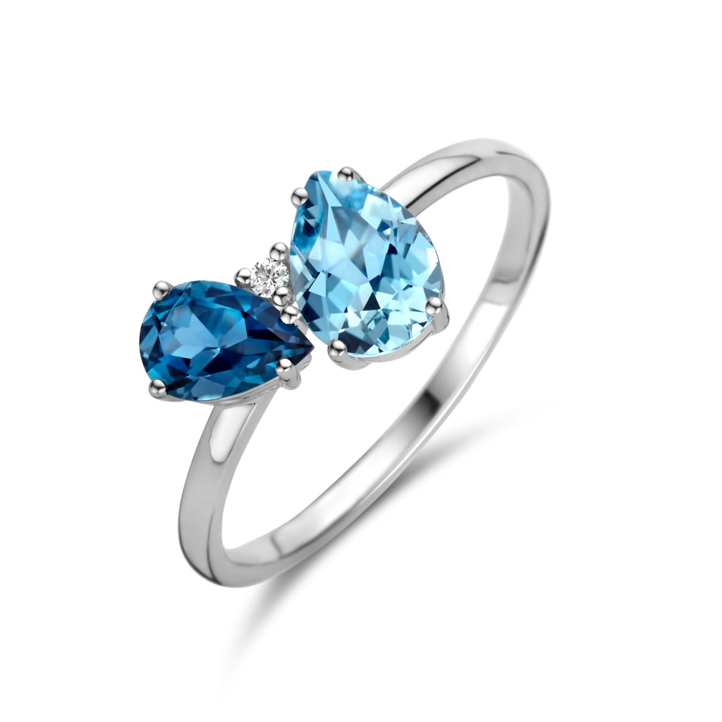 ring trilogie london blue topaas, blauw topaas en diamant 0.01ct h p1 14K witgoud