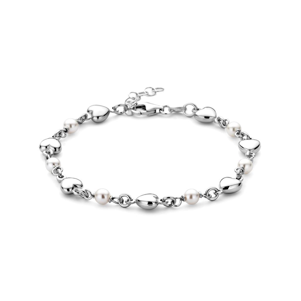 Armband Herzen und Swarovski Perlen 17 + 2 cm Silber rhodiniert