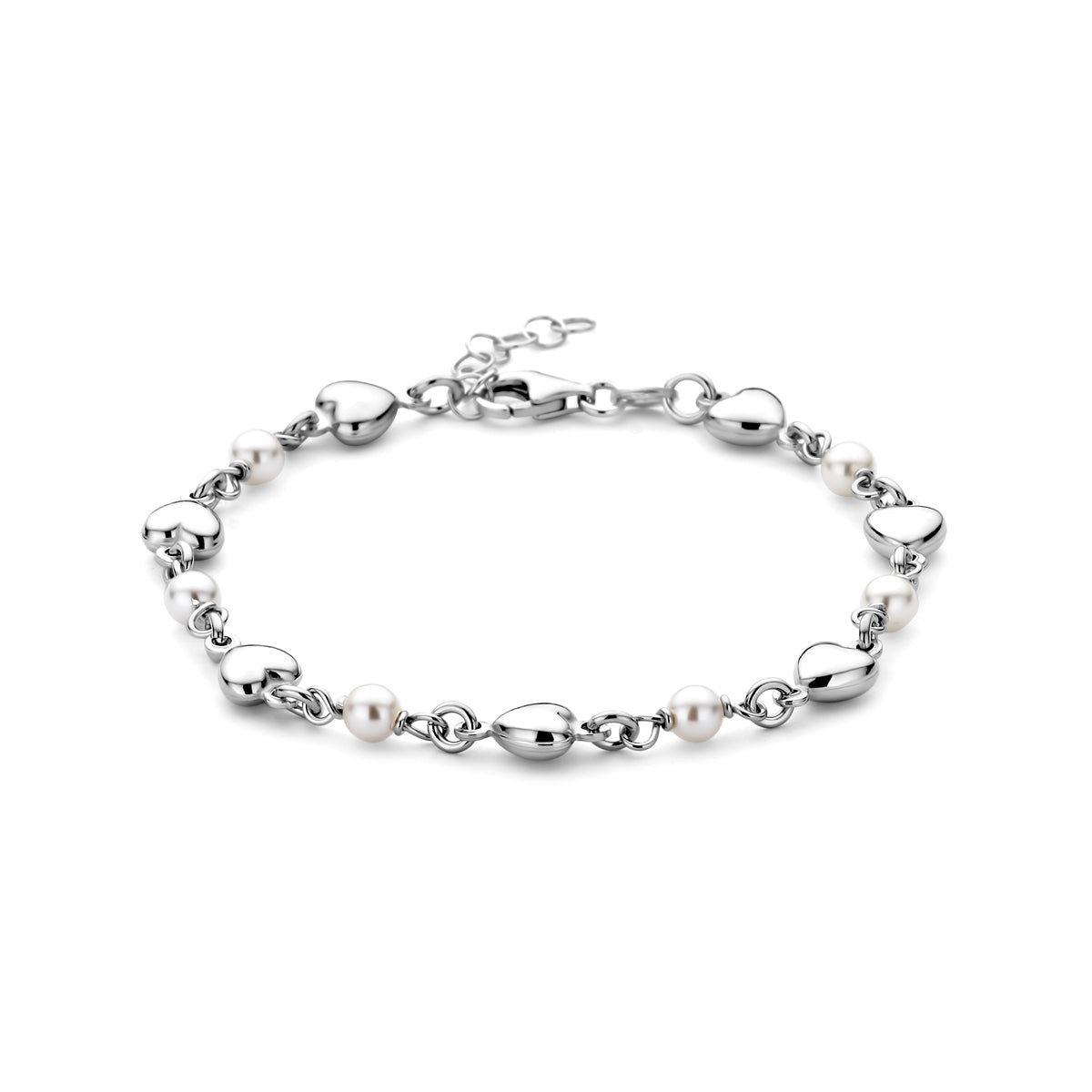 Armband Herzen und Swarovski Perlen 17 + 2 cm Silber rhodiniert