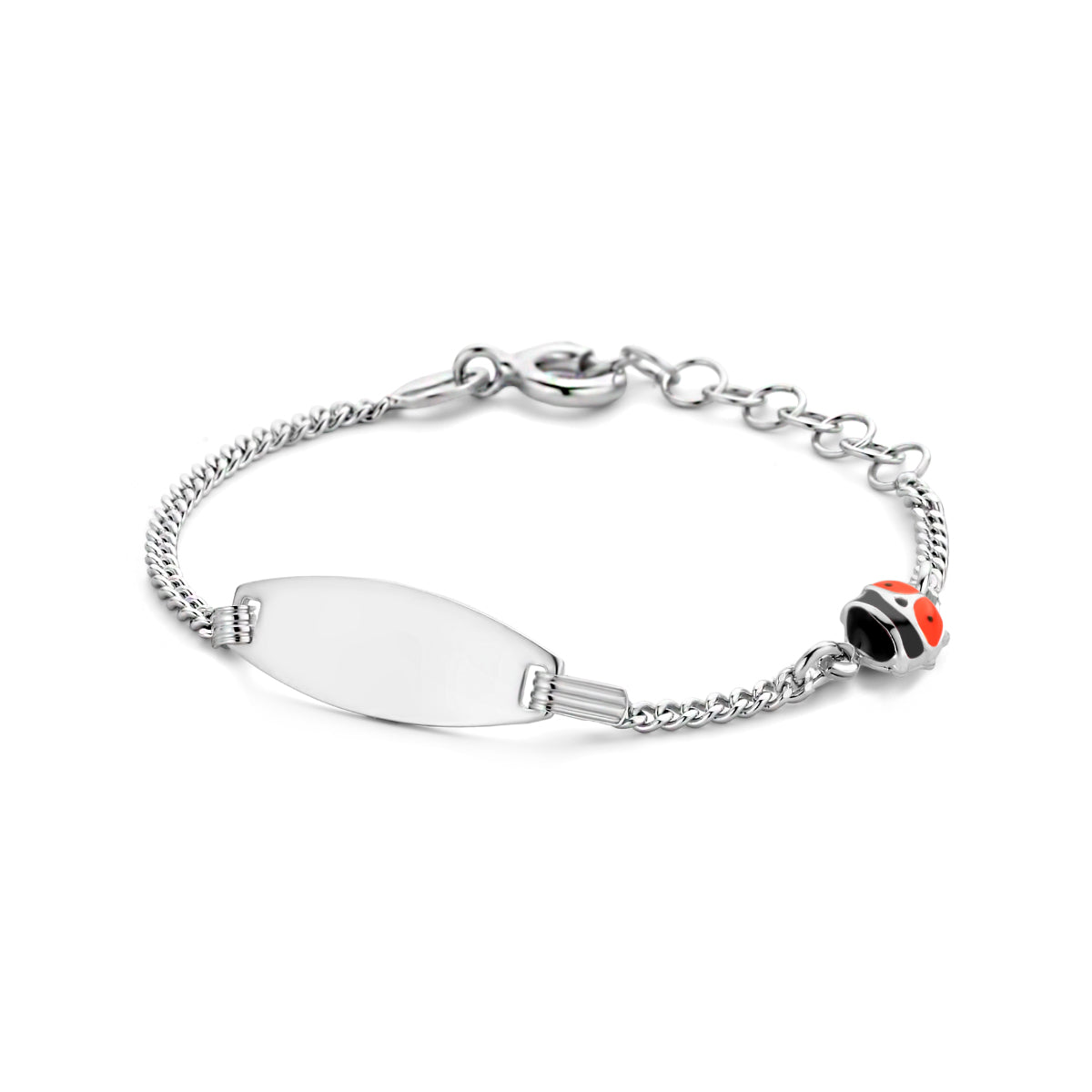 graveerarmband lieveheersbeestje emaille plaat 6,5 mm 11 + 2 cm zilver gerhodineerd