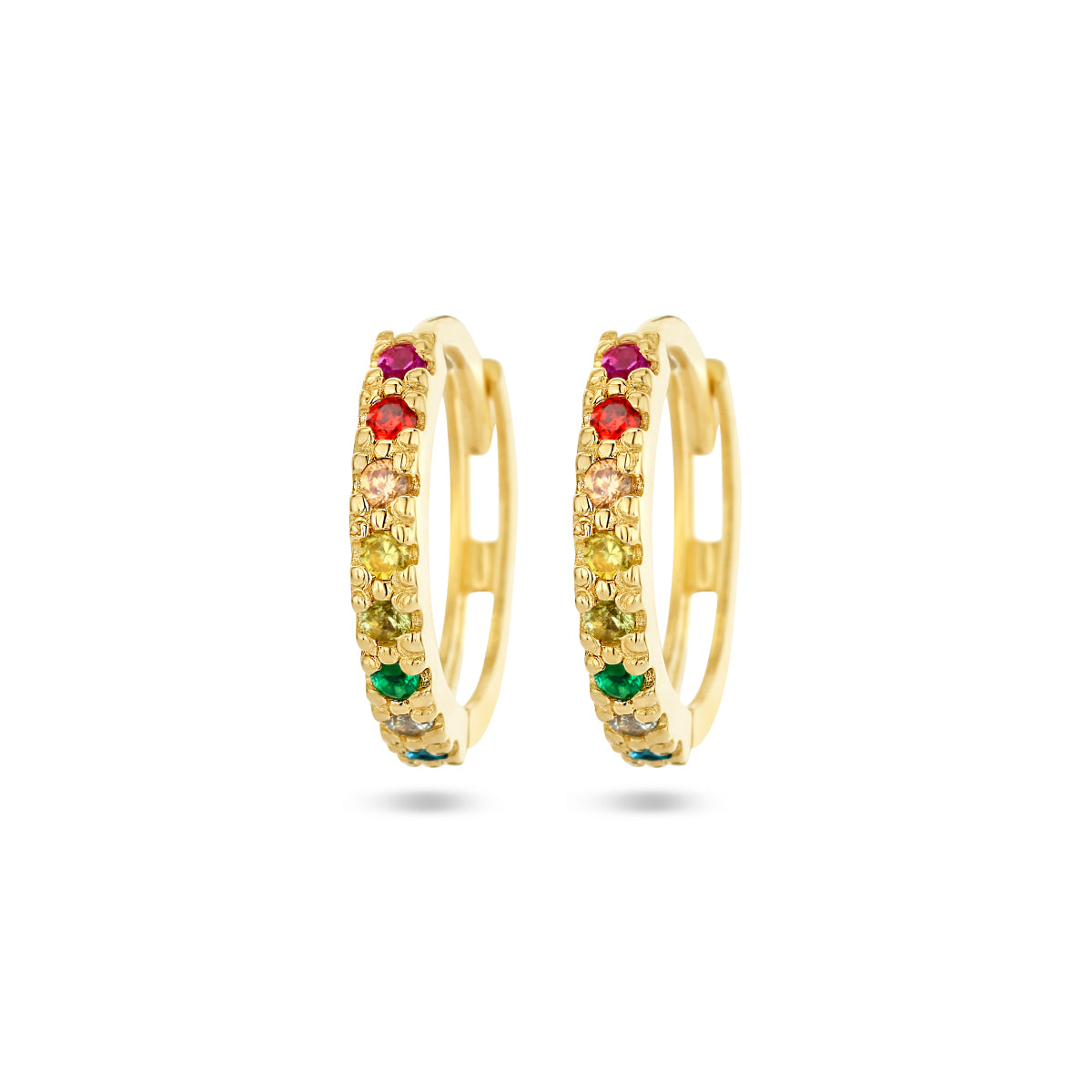 klapoorringen regenboog zirkonia 14K geelgoud