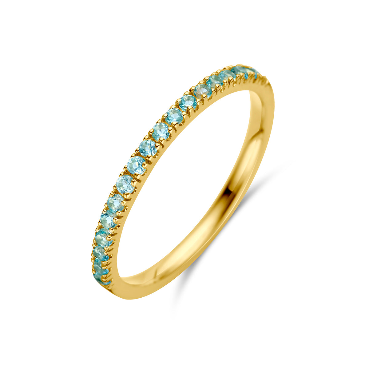 ring met geboortesteen blauw topaas december 14K geelgoud