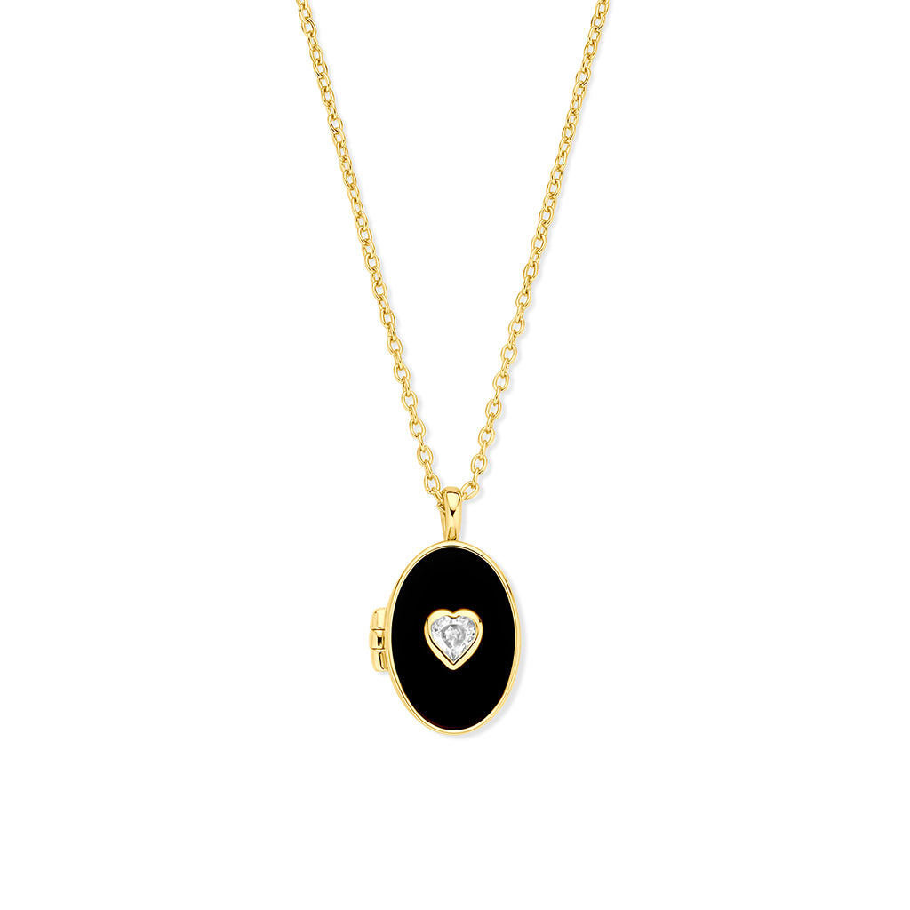collier hartje zirkonia en onyx medaillon 42 + 3 cm 3 micron zilver verguld (geel)