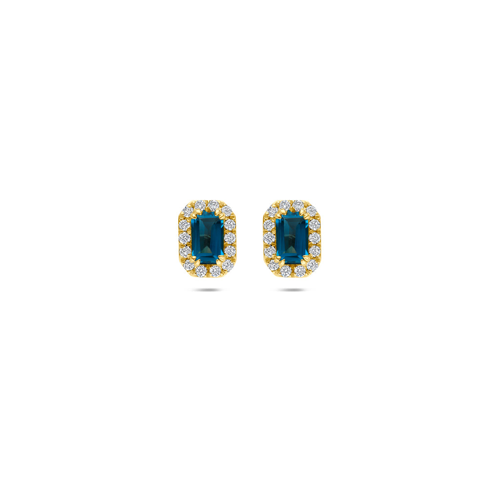 oorknoppen london blue topaas en lab grown diamant 0.16ct (2x 0.08ct) f vs 7,5 mm 14K geelgoud