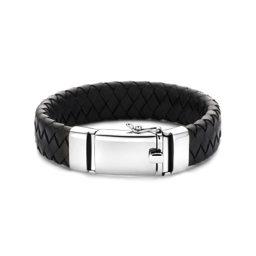 armband zwart leer 15 mm 21 cm zilver gerhodineerd