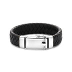 armband zwart leer 15 mm 21 cm zilver gerhodineerd