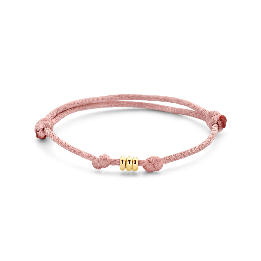 armband satijn zacht roze 13 - 26 cm 14K goud met rubber/nylon/leer