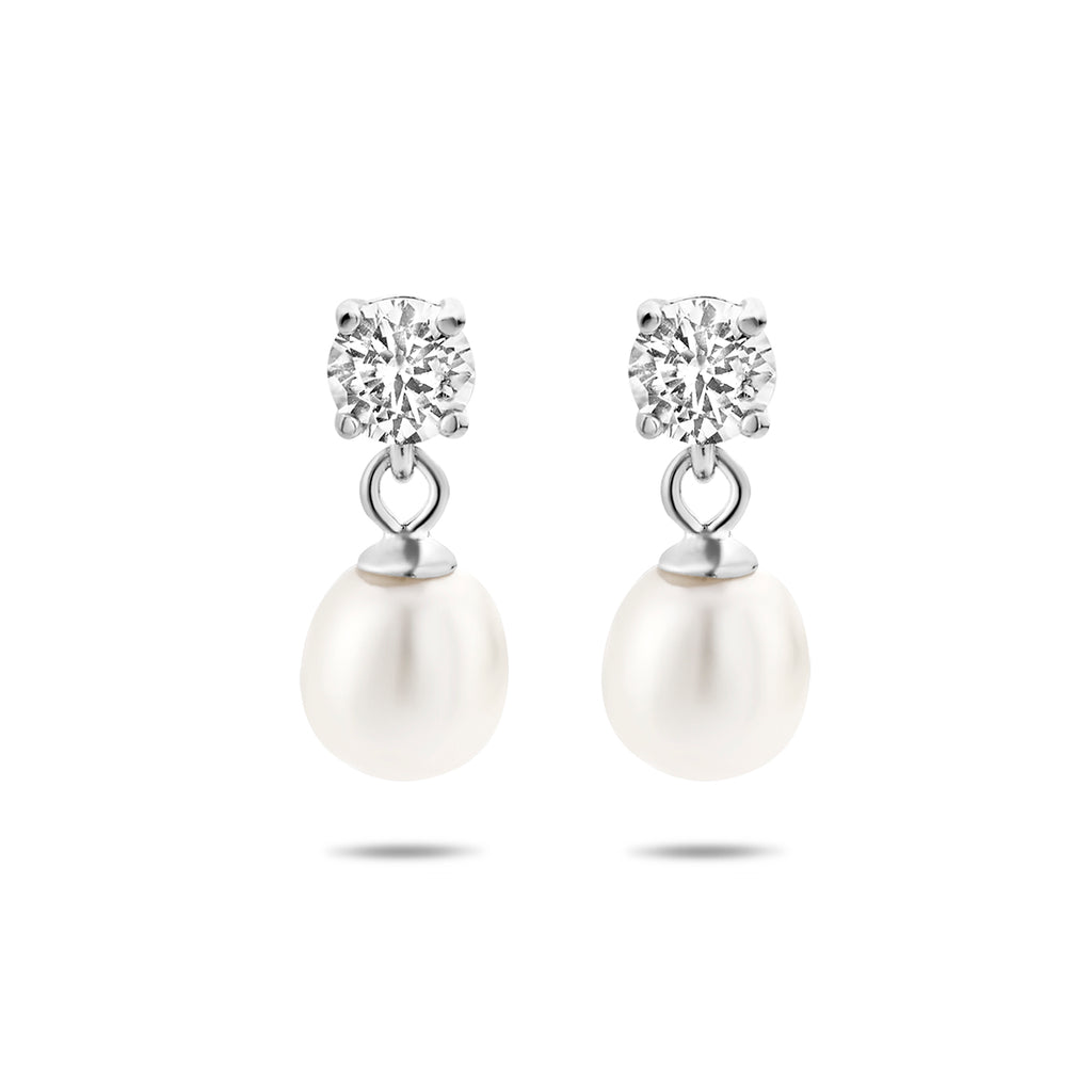 oorhangers zirkonia en parel zilver gerhodineerd
