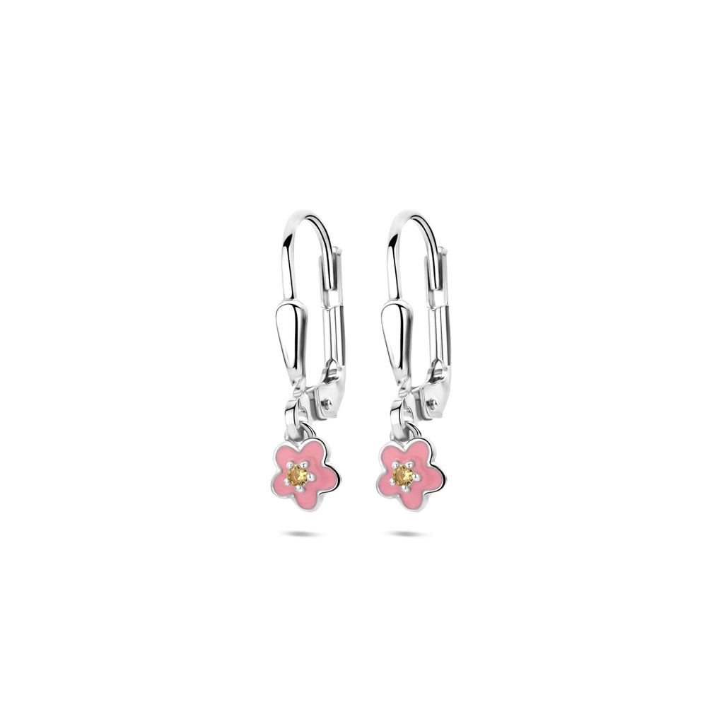 Ohrhänger Emaille Blume Brisur Haken Zirkonia 19 mm Silber rhodiniert