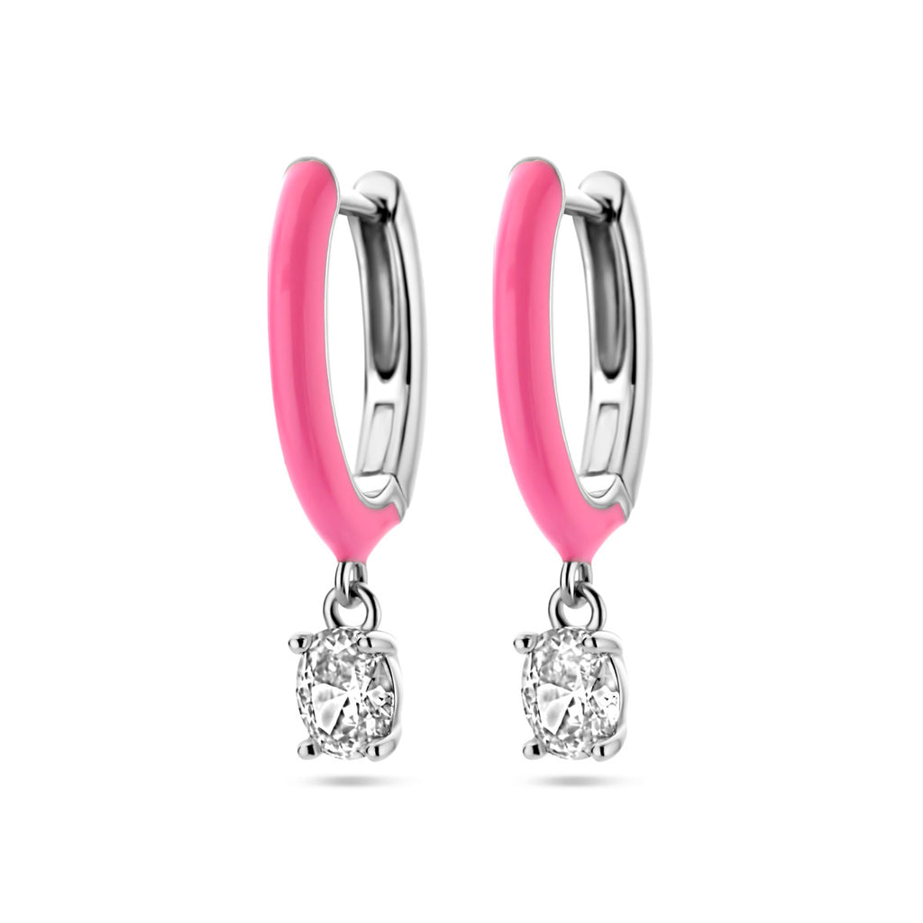 klapoorringen zirkonia en roze emaille zilver gerhodineerd
