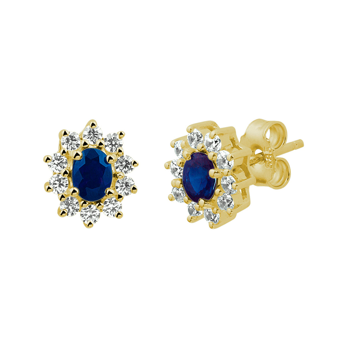 oorknoppen saffier en zirkonia halo 14K geelgoud