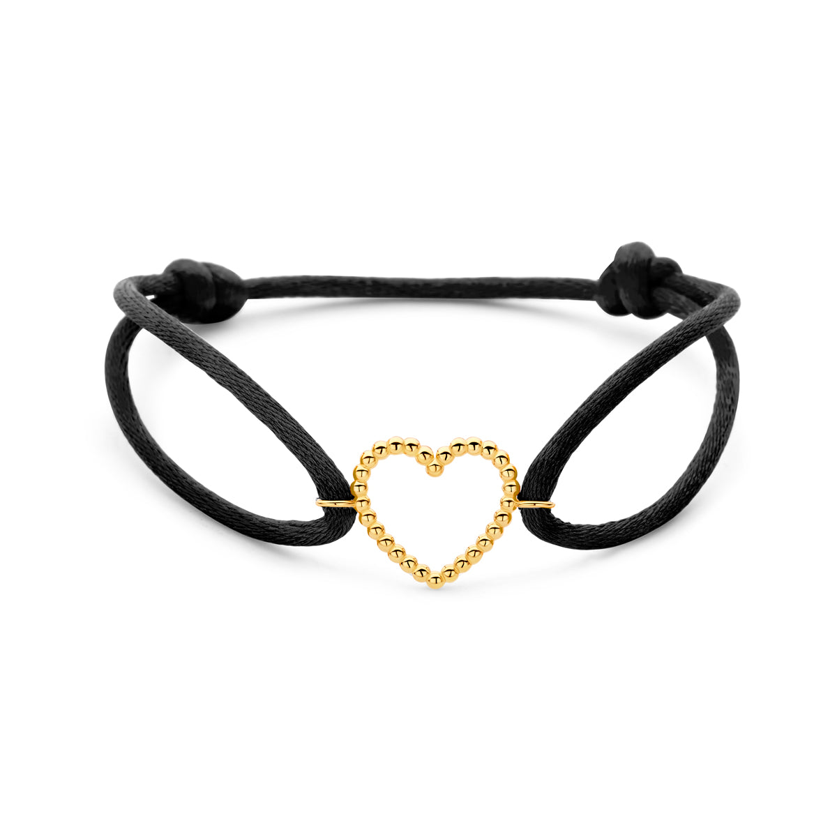 Armband schwarz Satin Herz 13 - 26 cm 14K Gold mit Gummi/Nylon/Leder