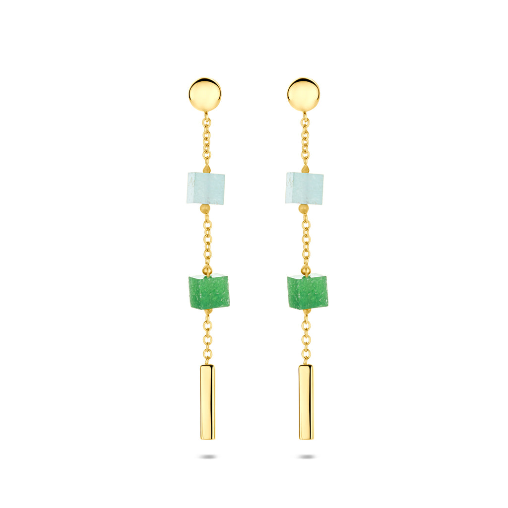 oorhangers blauw en groen kwartsiet 46 mm 14K geelgoud
