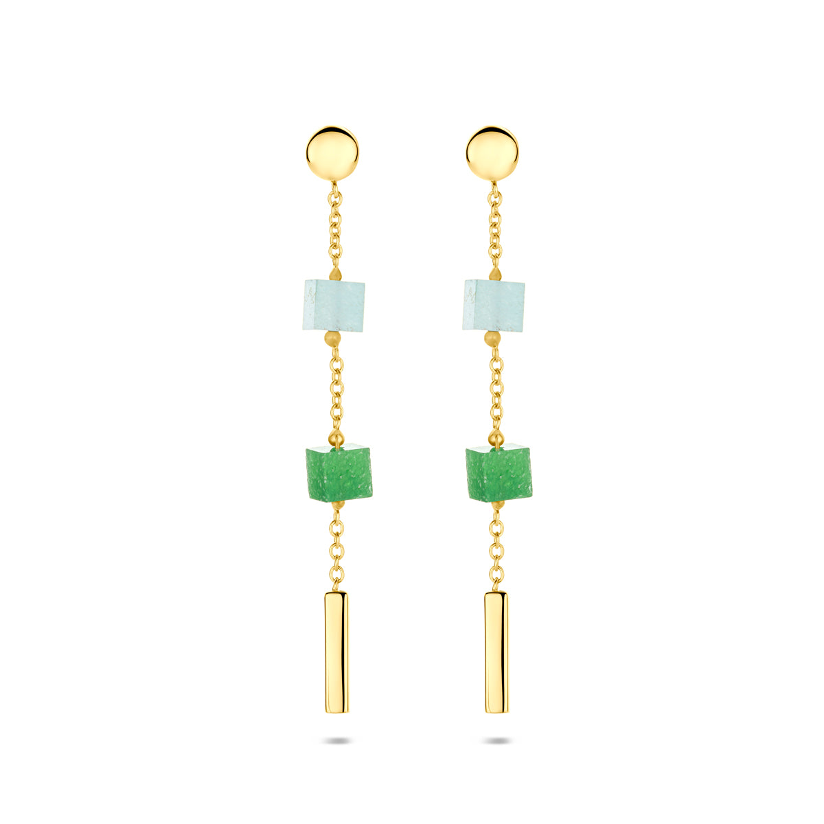 oorhangers blauw en groen kwartsiet 46 mm 14K geelgoud