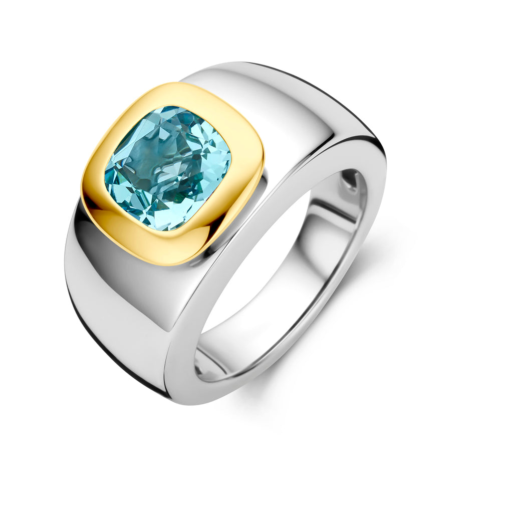 ring blauw topaas goud met zilver