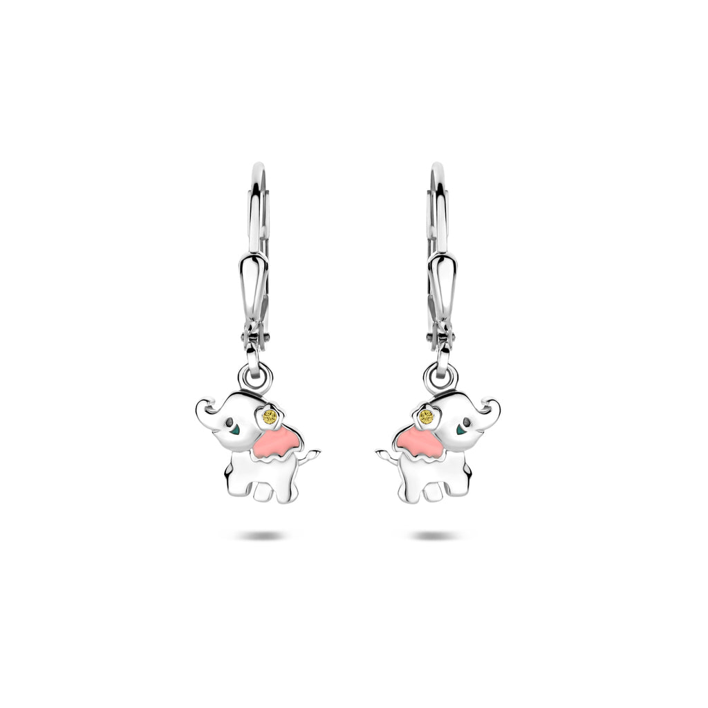 oorhangers emaille olifant zirkonia brisur haak 23 mm zilver gerhodineerd