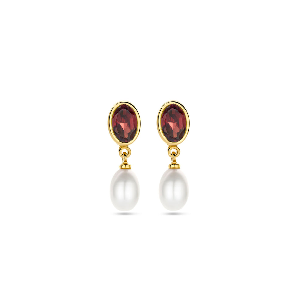 Ohrhänger Perle und Granat 18 mm 14K Gelbgold