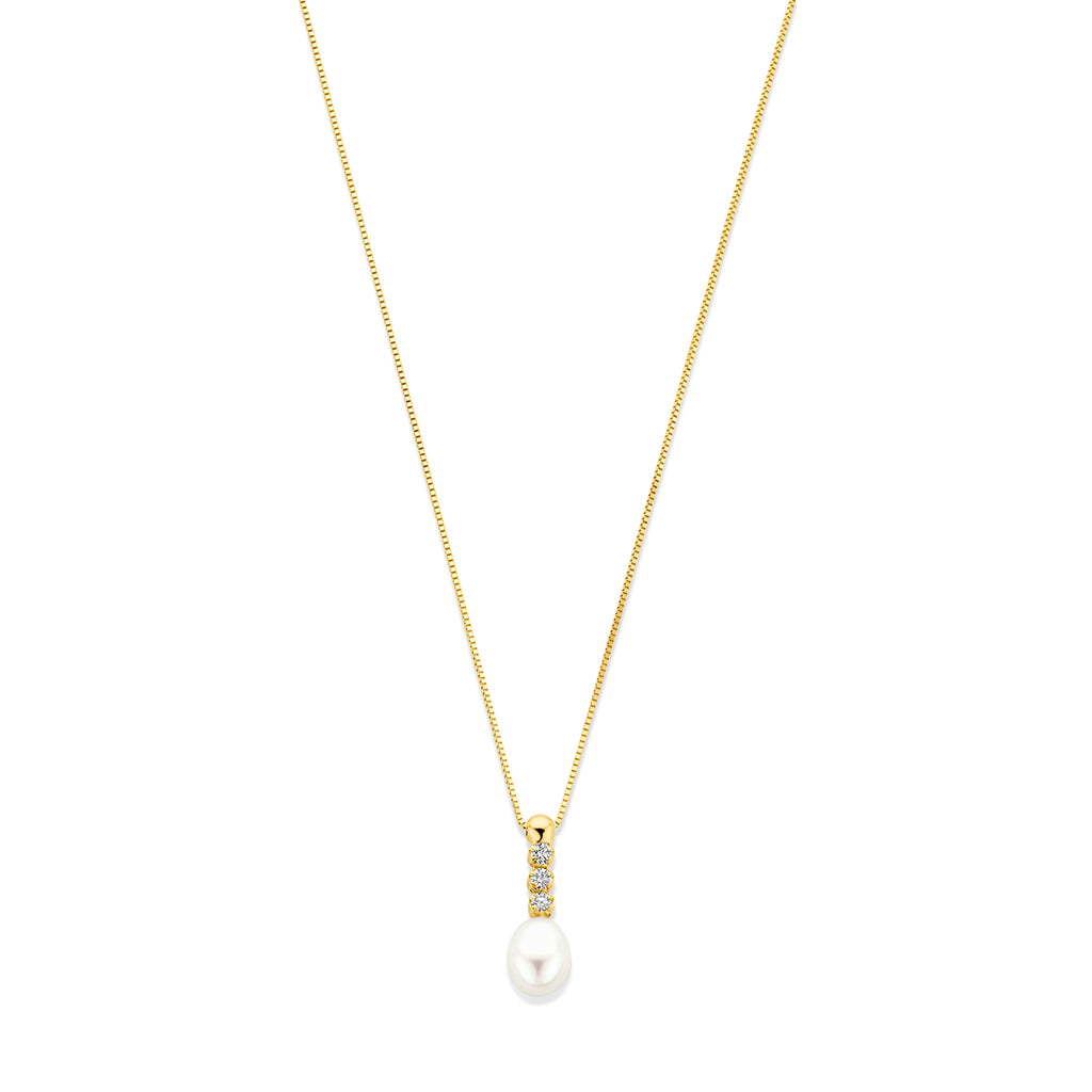 collier zirkonia en parel 42 - 45 cm 14K geelgoud