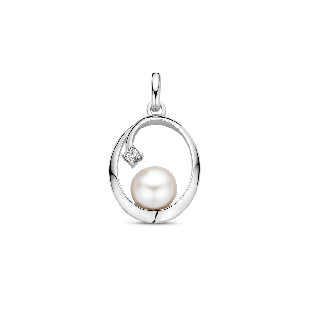 Anhänger oval Perle und Zirkonia 21 mm Silber rhodiniert