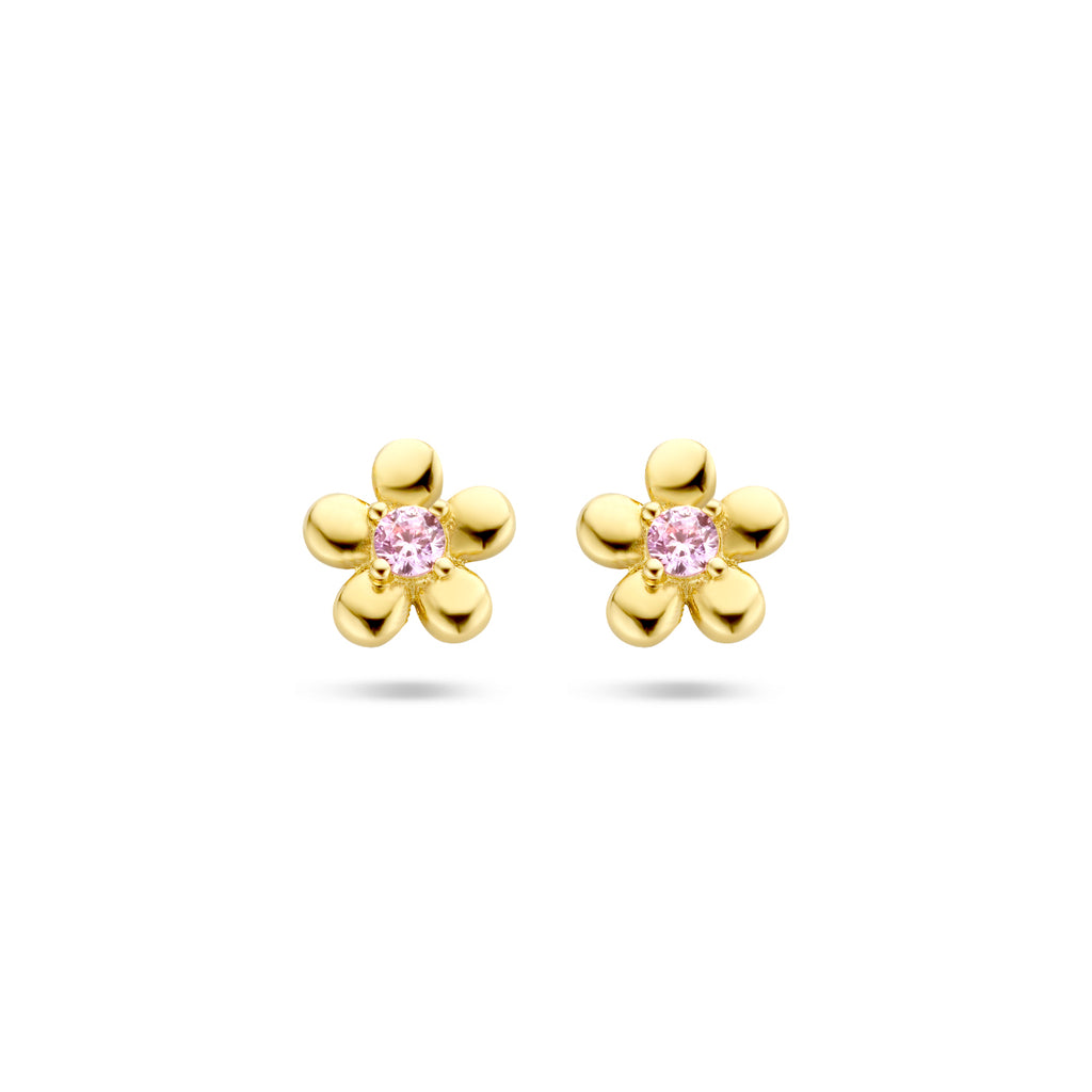 oorknoppen bloem roze zirkonia 14K geelgoud