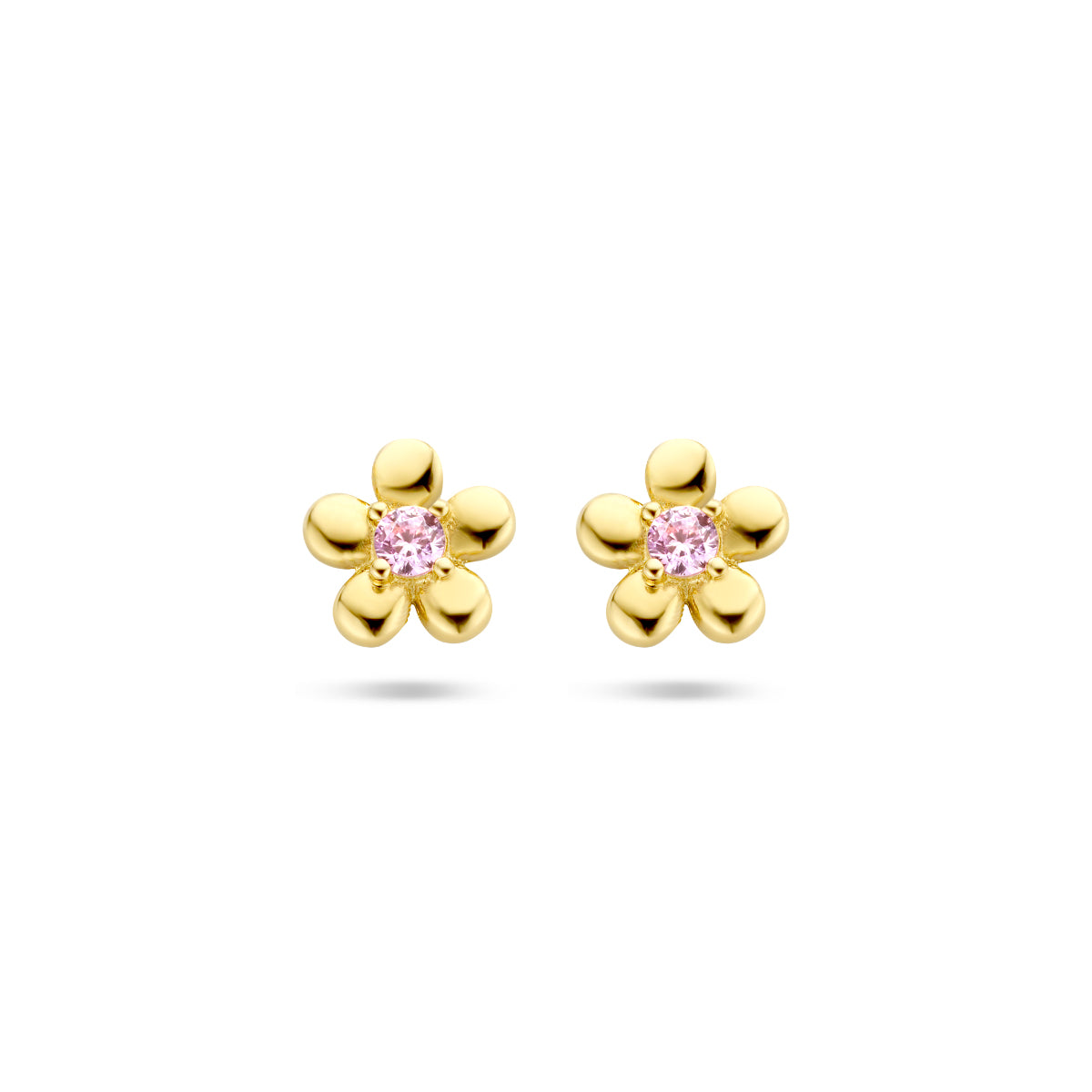 oorknoppen bloem roze zirkonia 14K geelgoud