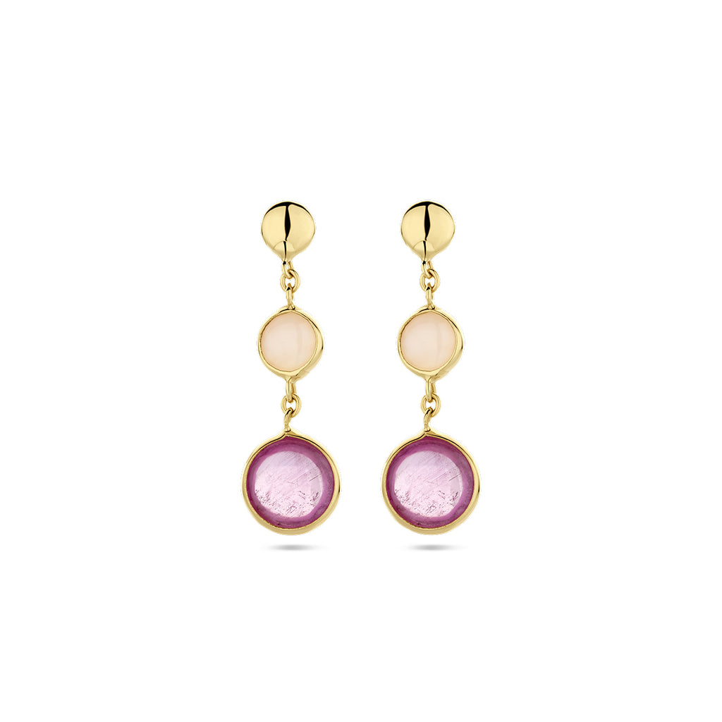 oorhangers roze robijn en roze opaal 14K geelgoud