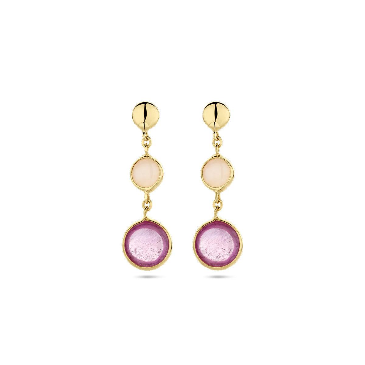 oorhangers roze robijn en roze opaal 14K geelgoud