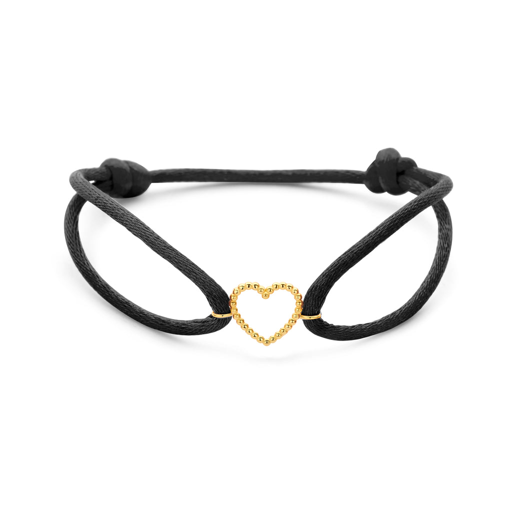 armband zwart satijn hartje 13 - 26 cm 14K goud met rubber/nylon/leer