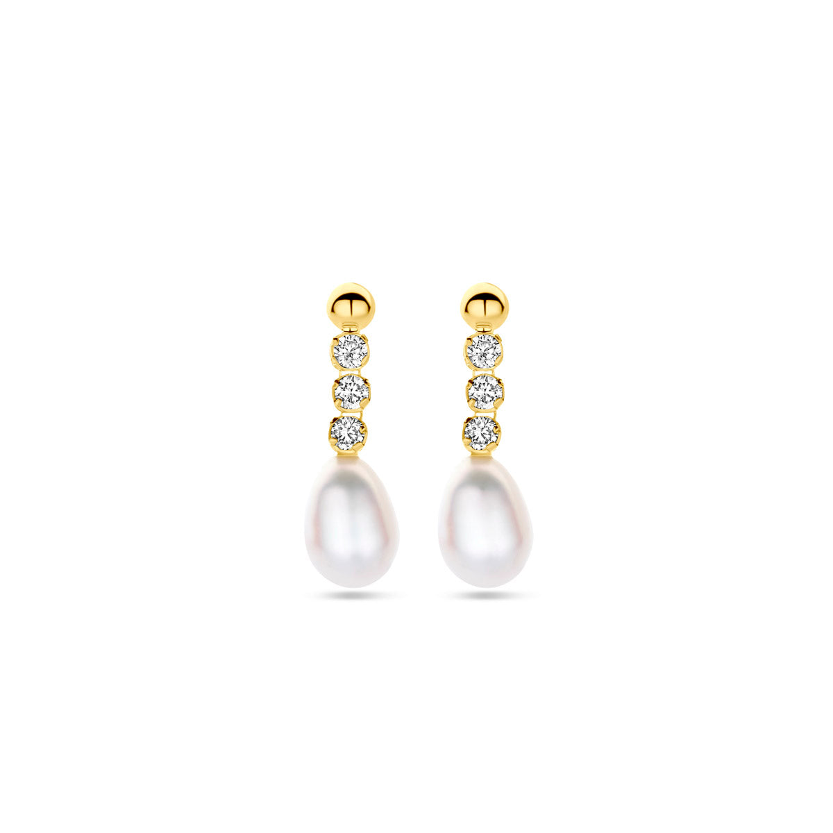 Ohrringe Zirkonia und Perle 19 mm 14K Gelbgold