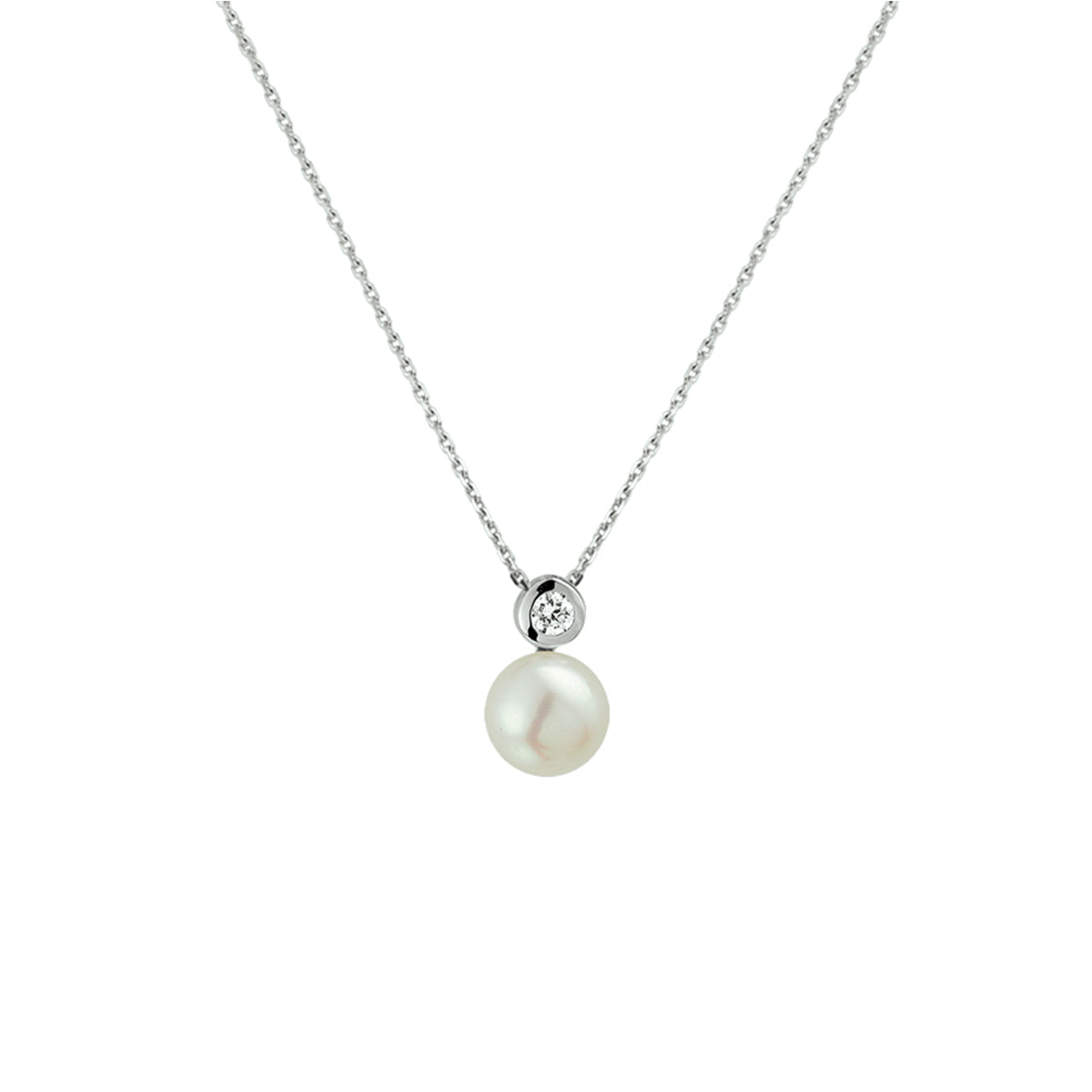 Halskette Perle und Zirkonia 41 + 4 cm Silber rhodiniert