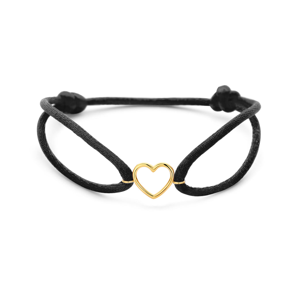 Armband schwarz Satin Herz 13 - 26 cm 14K Gold mit Gummi/Nylon/Leder