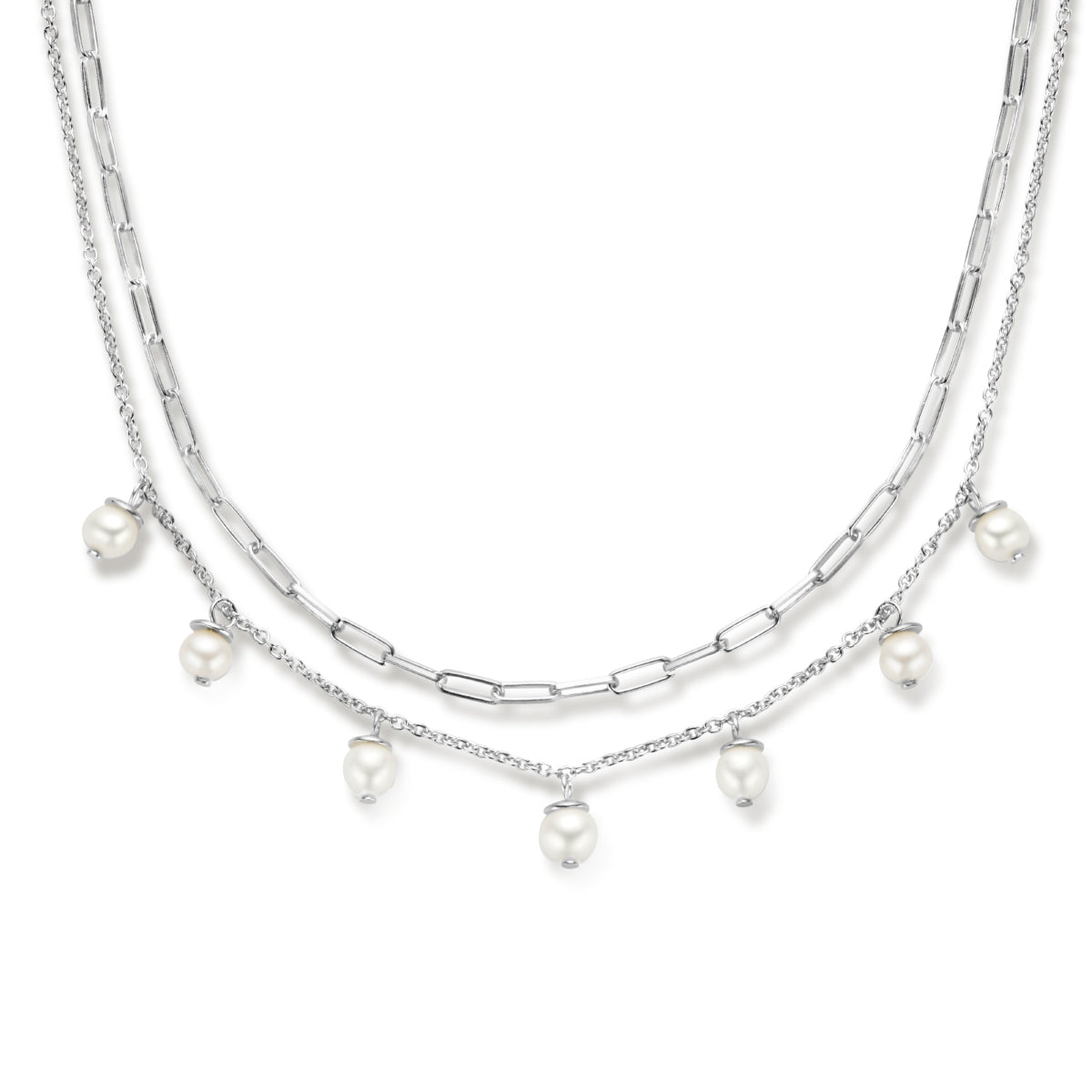 Mehrhalskette Perlen 42 + 3 cm Silber rhodiniert