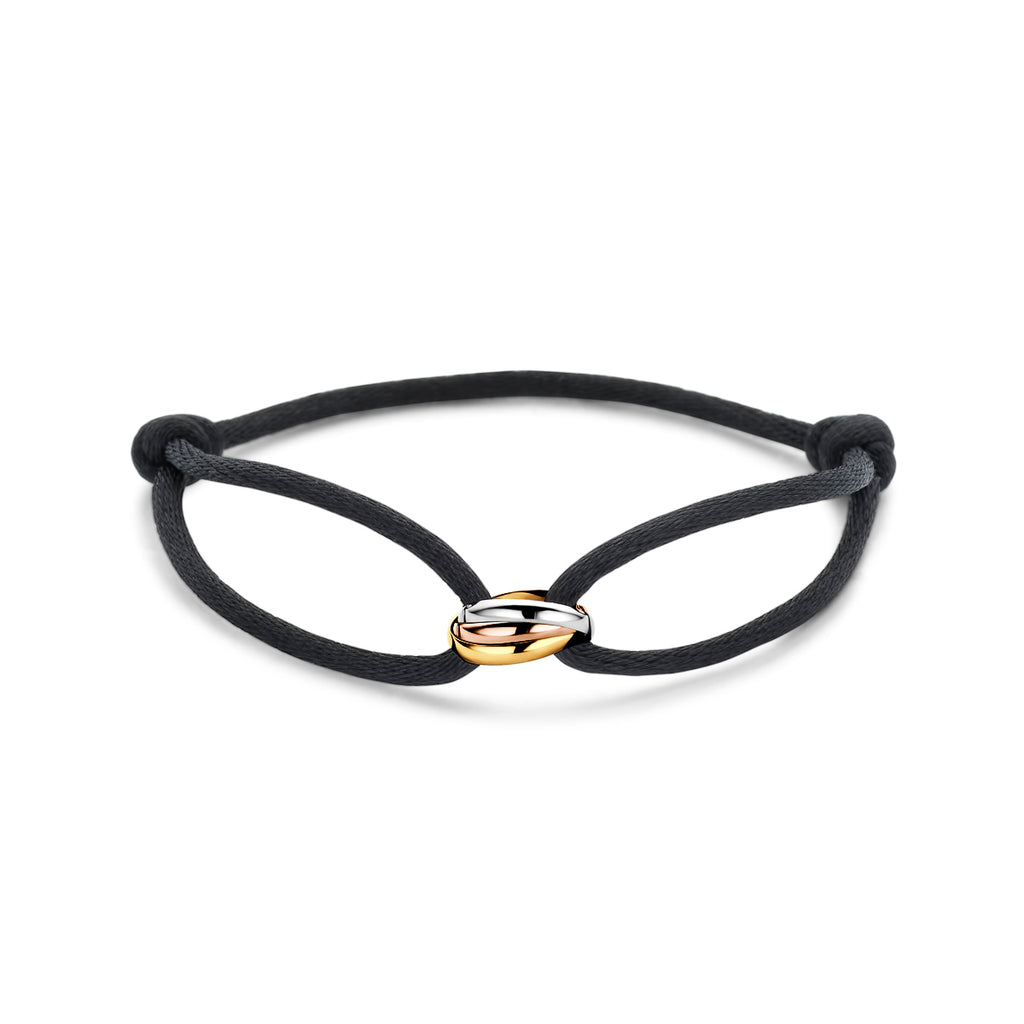 Armband Satin Schwarz Tricolor 13 - 26 cm 14K Gold mit Gummi/Nylon/Leder