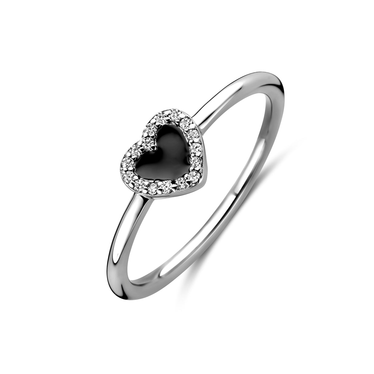 Ring Herz, Zirkonia und schwarze Emaille Halo Silber rhodiniert