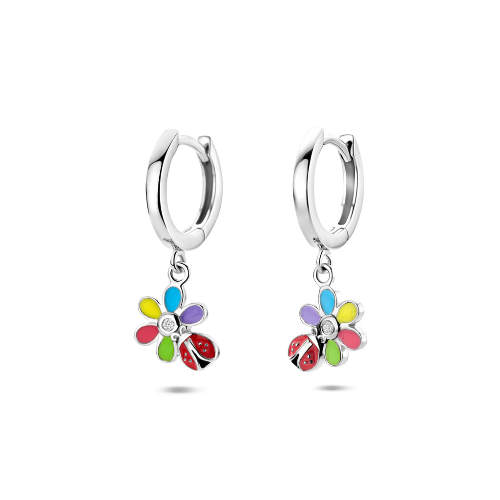 oorringen zirkonia emaille bloem en lieveheersbeestje 22 mm zilver gerhodineerd