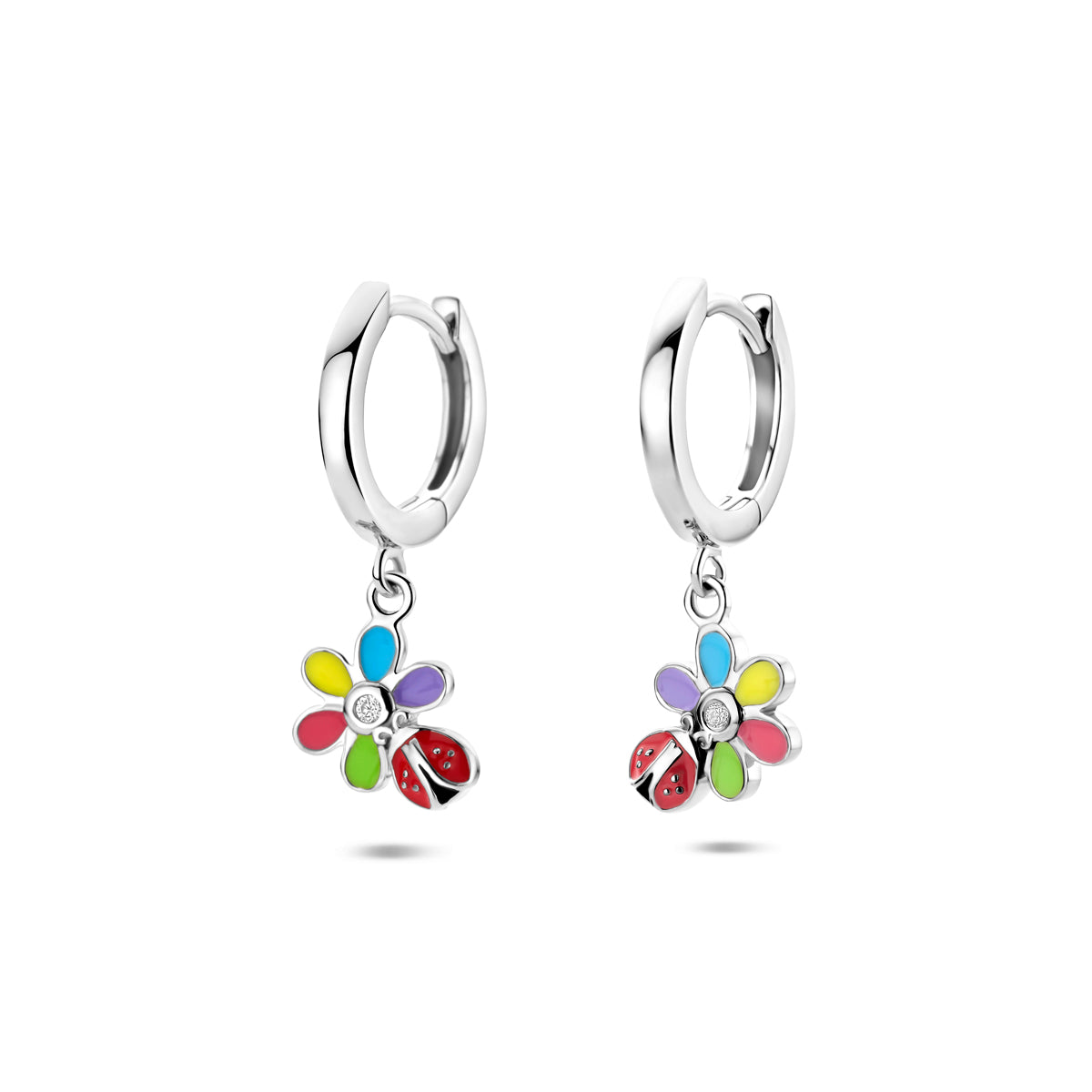 oorringen zirkonia emaille bloem en lieveheersbeestje 22 mm zilver gerhodineerd