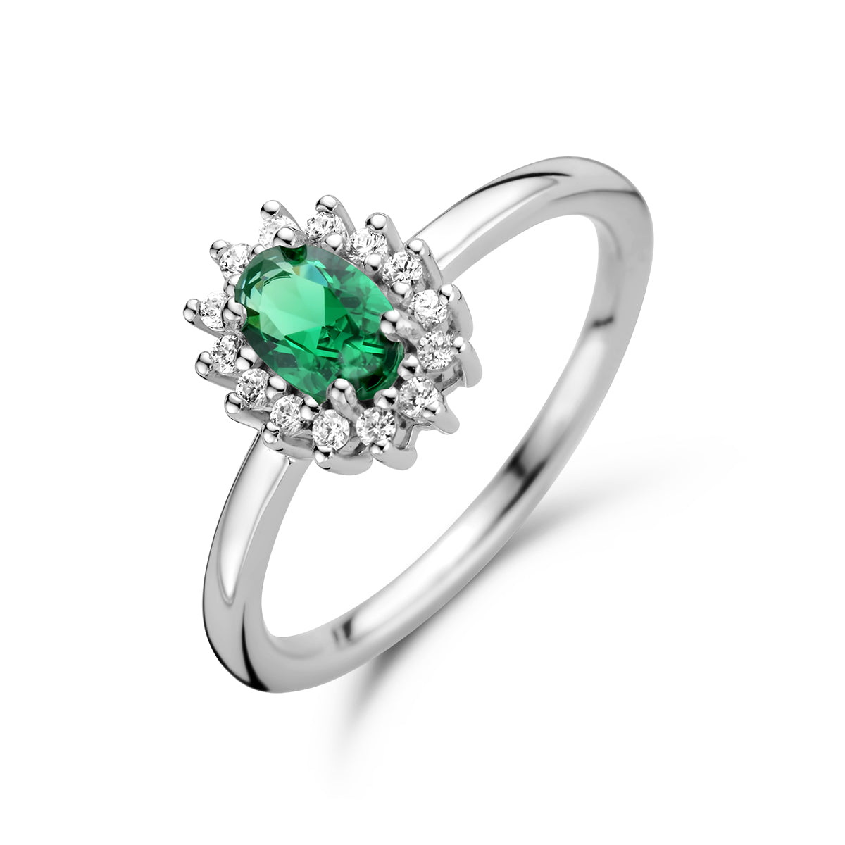 Ring-Synth. Smaragd- und Zirkonia-Halo-Silber rhodiniert
