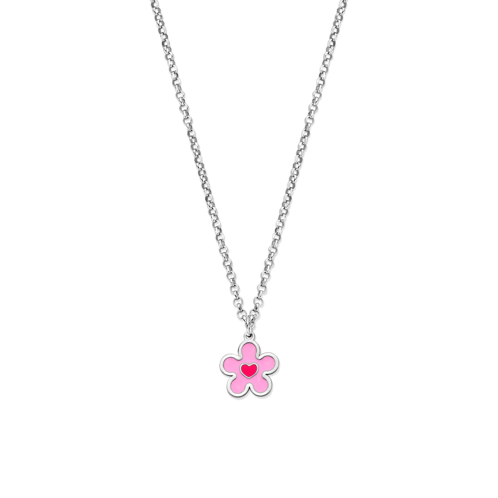collier bloem en hartje  emaille 36 + 4 cm zilver gerhodineerd