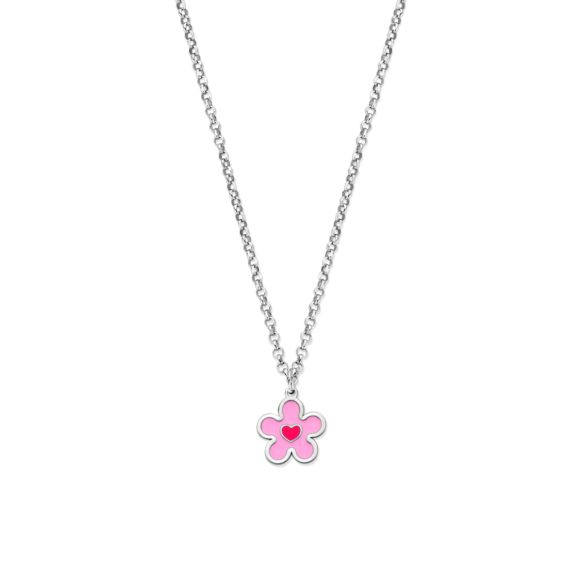 collier bloem en hartje  emaille 36 + 4 cm zilver gerhodineerd