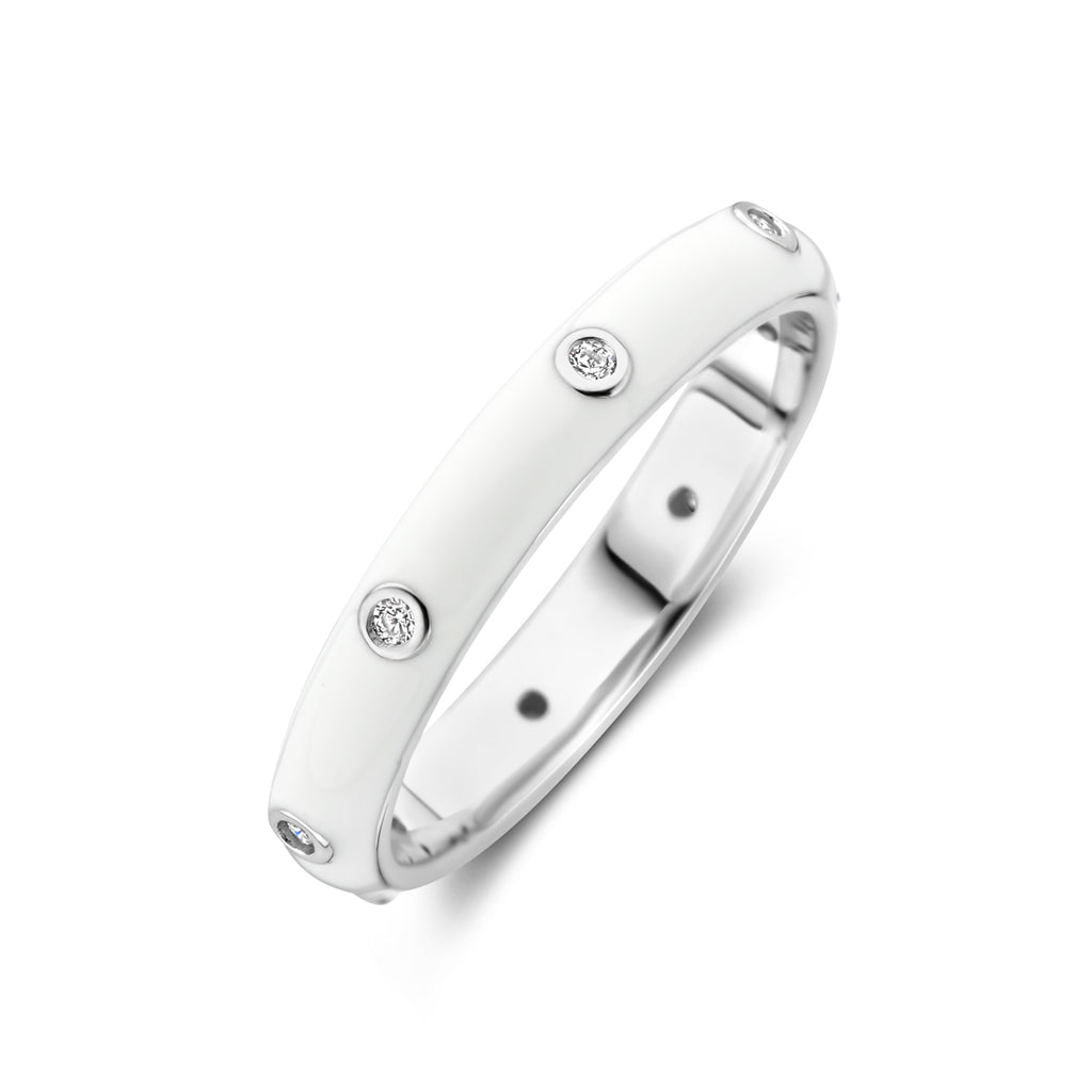 Ring weiße Emaille und Zirkonia, Silber rhodiniert