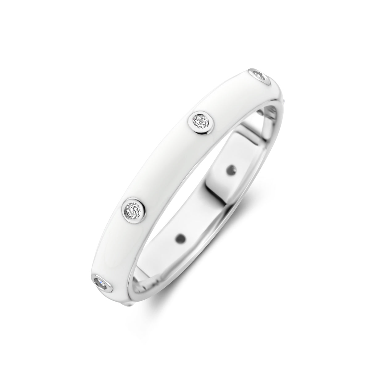 Ring weiße Emaille und Zirkonia, Silber rhodiniert