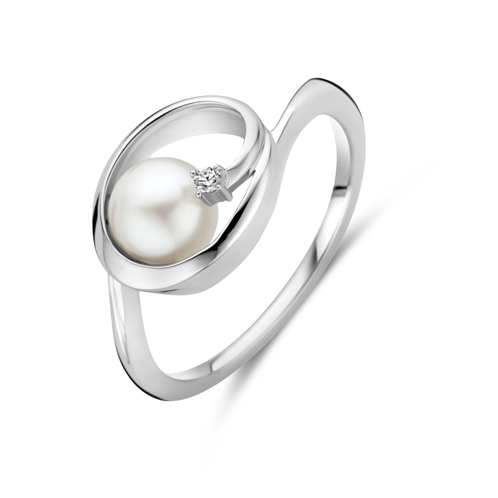 Ring oval Perle und Zirkonia 9,5 mm Silber rhodiniert
