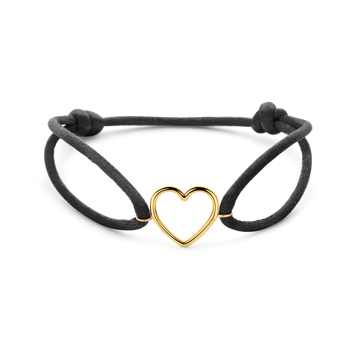 armband zwart satijn hartje 13 - 26 cm 14K goud met rubber/nylon/leer