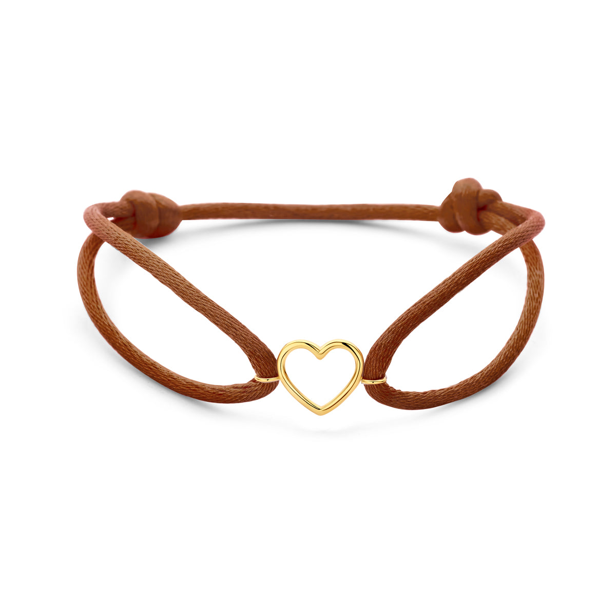 Armband braun Satin Herzchen 13 - 26 cm 14K Gold mit Gummi/Nylon/Leder