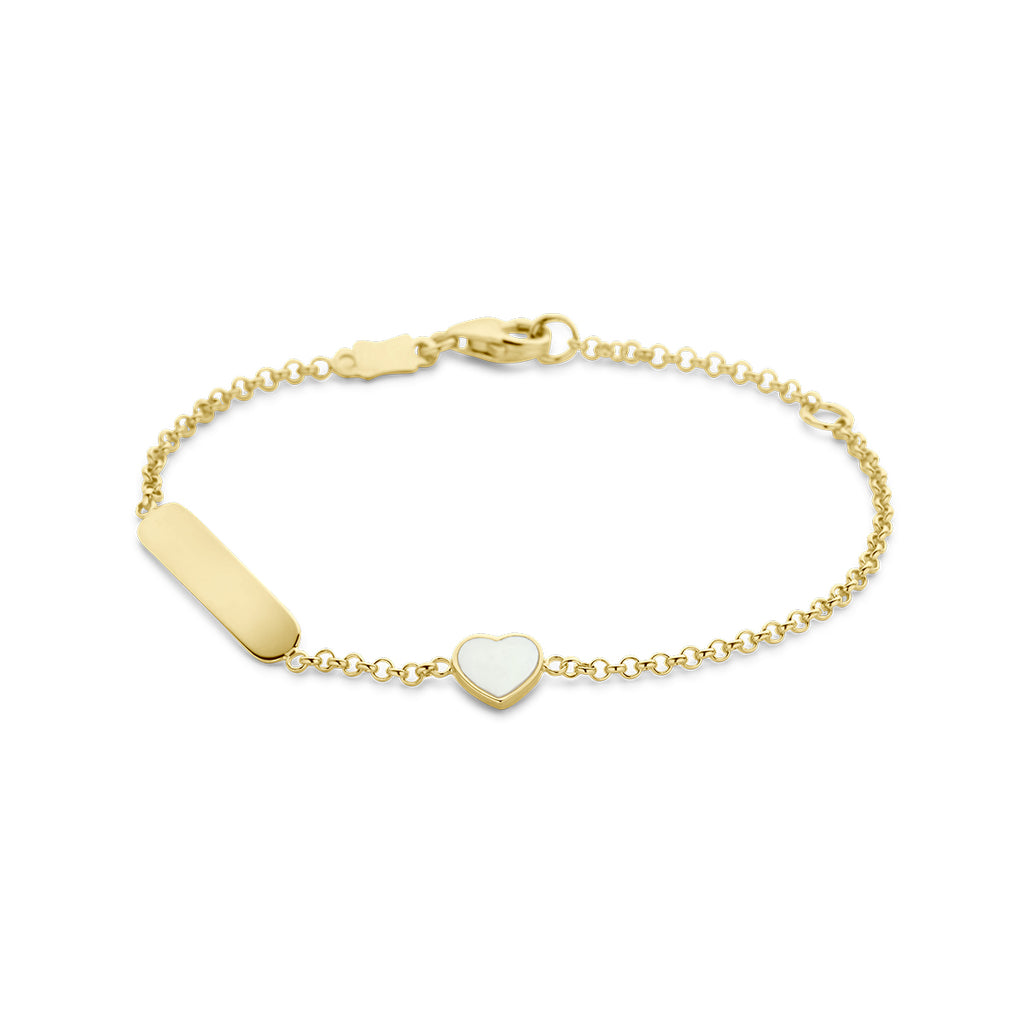 Gravurarmband Herz aus Perlmutt und Plättchen 1,5 mm 14K Gelbgold