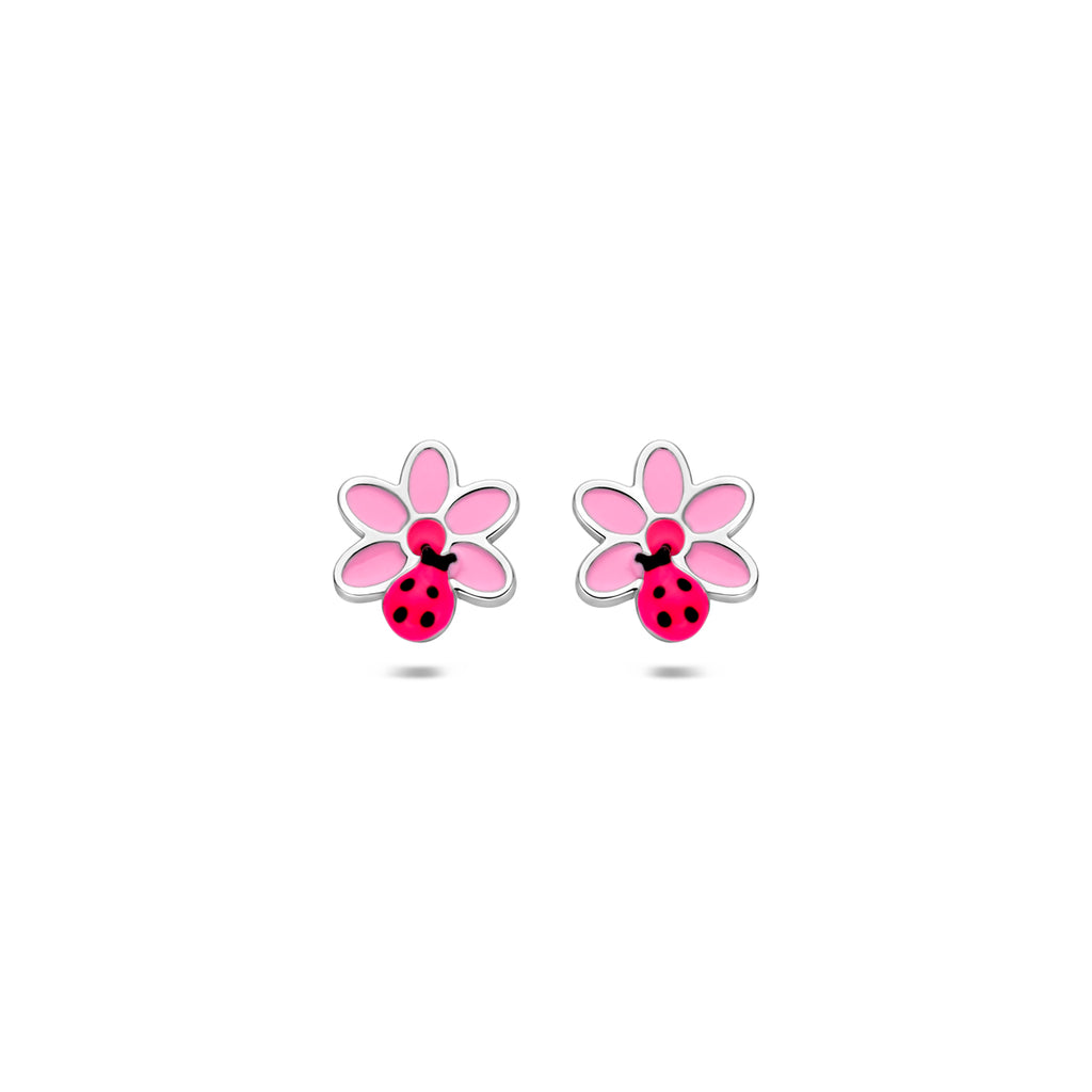oorknoppen bloem en lieveheersbeestje 7,5 mm zilver gerhodineerd