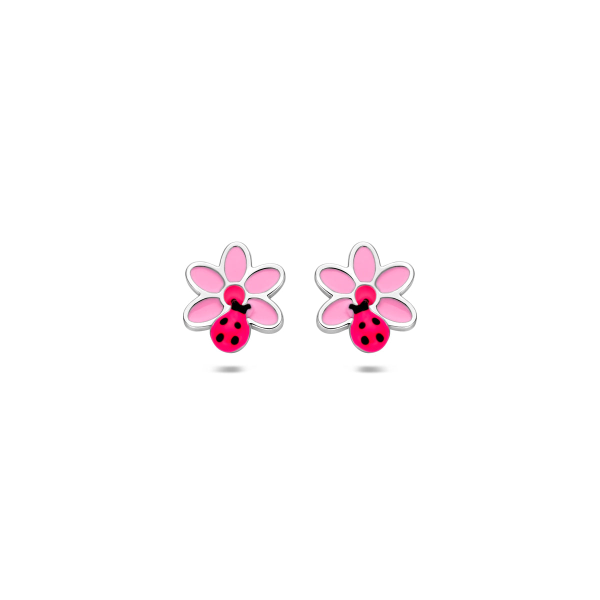 oorknoppen bloem en lieveheersbeestje 7,5 mm zilver gerhodineerd